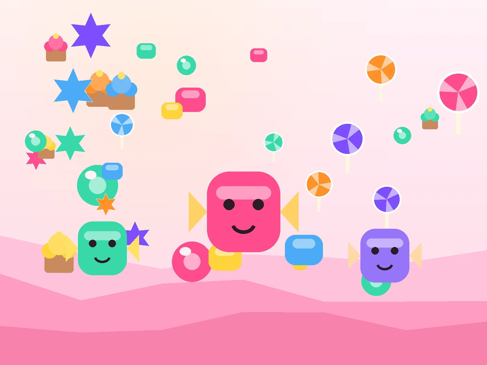 Candy Arcade games collage showing lollipops, gummies and candy collectibles from our HTML5 arcade games