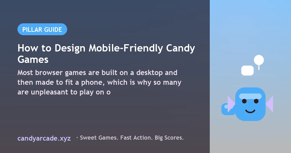 Phone in portrait showing a candy arcade game with on-screen touch controls at the bottom