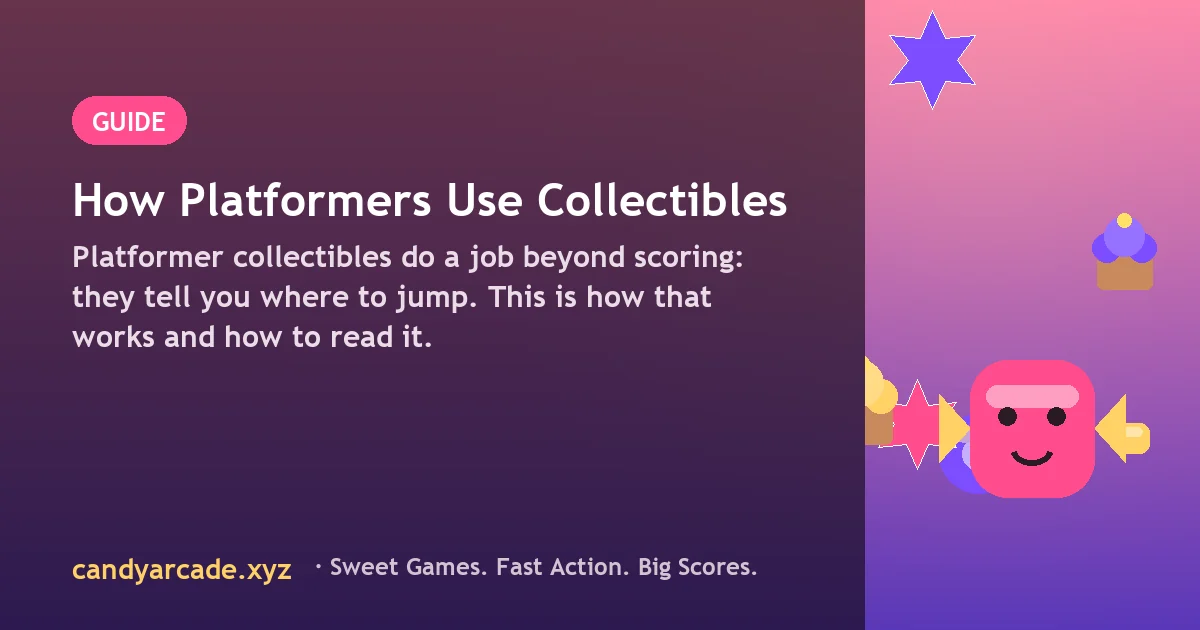 Platformer level showing candy placed along a jump arc between two platforms