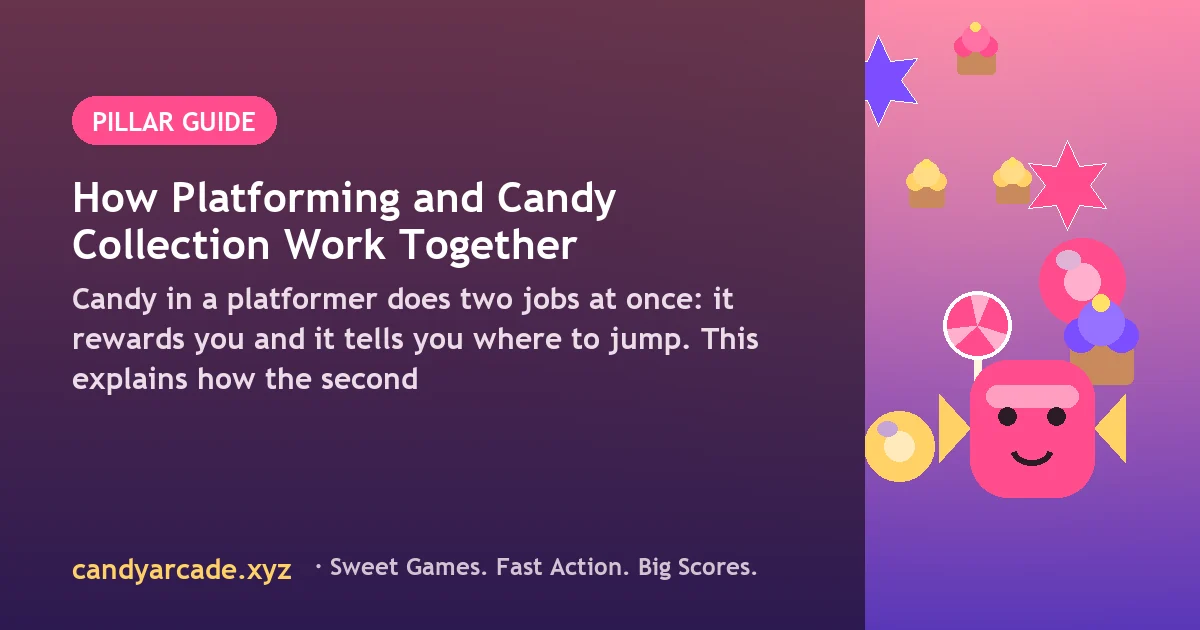 Platformer artwork showing a candy trail tracing the arc of a jump between platforms